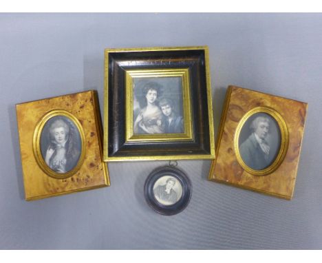 A collection of portrait miniature prints, two with walnut frames and a circular example, etc largest 20 x 21cm (4)