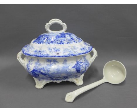 19th century Staffordshire blue and white transfer printed Genoese soup tureen and stand together with a white glazed ladle  