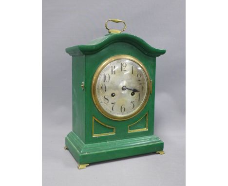 Junghans mantle clock  in a green painted wooden case, silvered dial and Arabic numerals, on four brass feet, size overall 37