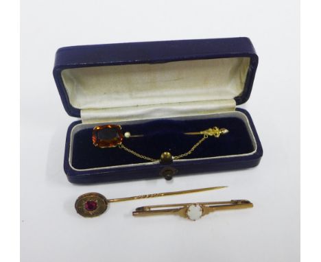 9ct gold and opal bar brooch, Victorian yellow metal tiepin and 9ct gold stone set stock pin, (3) 