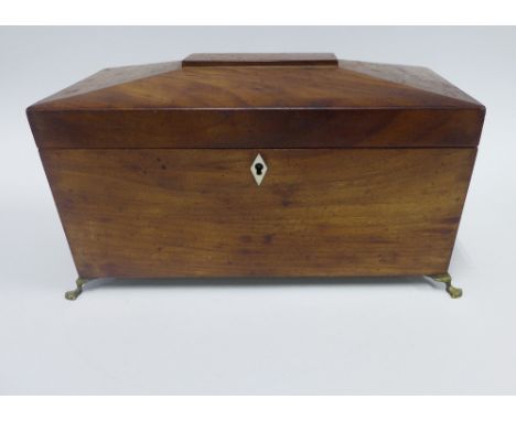 19th century mahogany sarcophagus tea caddy, hinged lid opening to reveal two lead lined divisions and a glass mixing bowl, o