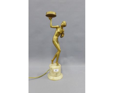 Art Deco figural table lamp on a cylindrical white hardstone base, 50cm 