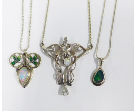 A group of three opal mounted necklaces, set in silver (3)