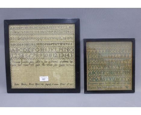 18th century alphabet sampler, worked by Frances Julia Smith, Feb 24th 1785, 20 x 21cm, together with a larger sampler worked