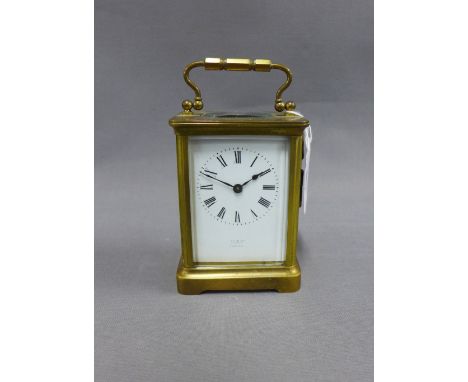 French carriage clock, brass cased with glass panels, enamel dial with Roman numerals height including handle 13cm 