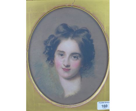 After Sir Thomas Lawrence, watercolour portrait of a young woman with brown eyes, under glass within an ornate gilt frame, be
