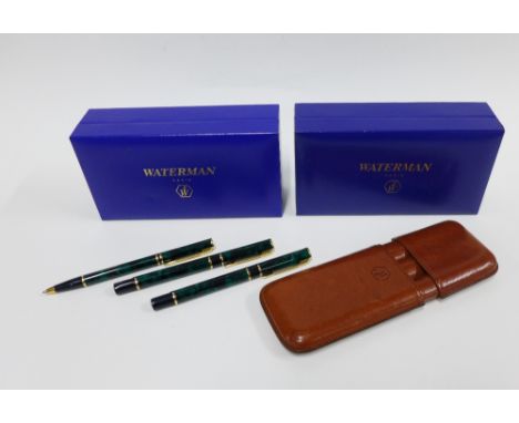 Waterman leather cased set comprising a fountain pen, and two ballpoint pens and a brown leather case (a lot)