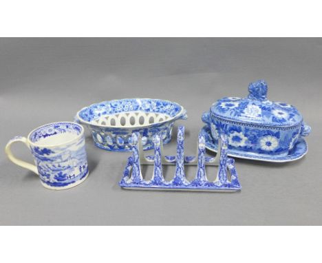 19th century Staffordshire blue and white transfer printed pottery to include a Spode basket, Cauldon toastrack,  Zebra sauce