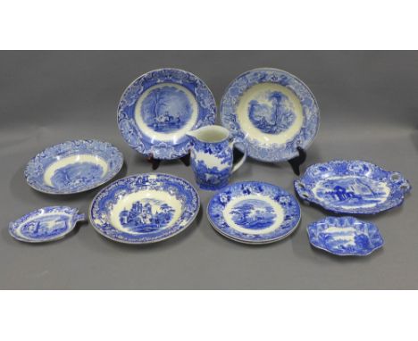 19th century Staffordshire blue and white transfer printed pottery to include Cauldon dish, Spode pickle dish, George Jones s