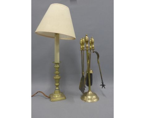 Brass fire side companion set and a brass table lamp with shade (2)&nbsp;