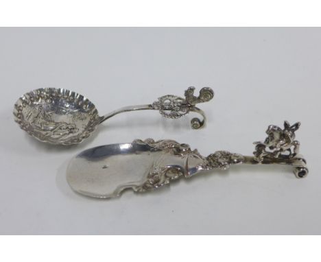 Two Continental silver caddy spoons, one with Chester silver import marks, longest 13cm (2) 