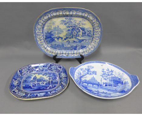 19th century Staffordshire blue and white transfer printed ashets to include Spode Tiber, Shepherd and Ruined Castle pattern 