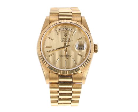 Rolex Oyster Perpetual Day-Date 18ct gentleman's bracelet watch, ref. 18238, circa 1989, serial. no. L96xxxx, champagne dial,