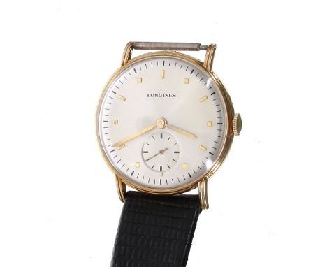 Longines 14k gentleman's wristwatch, circa 1945, case no. 51xx 36x, circular silvered dial with gilt hour markers, minute mar