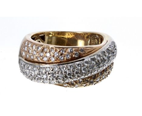 18k three colour pavé diamond crossover dress ring, width 9.5mm, 9.6gm, ring size J/K (346)