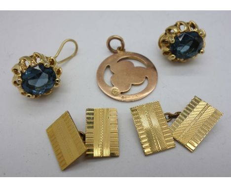A 9ct gold fob, a pair of cufflinks and a pair of earrings, weight of fob 5.3g