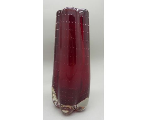 A Whitefriars controlled bubble tapering lobed vase in ruby bed, pattern no. 9777, height 19cm