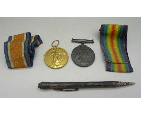 Two WWI medals to 46011 Pte. J. Sharp Linc. R. and a silver pencil