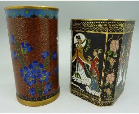A cloisonne cylindrical vase, height 11cm and a cloisonne caddy
