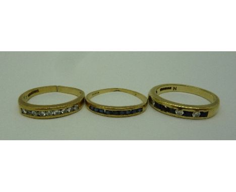 Three 9ct gold rings, sizes M, K and one a/f, weight 5.6g