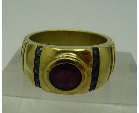 A 14ct gold red and blue stone ring, weight 10.5g, size K