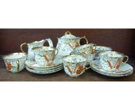 An early Aynsley six piece tea service, comprising six cups, saucers, teapot, milk and sugar, 9107 pattern
