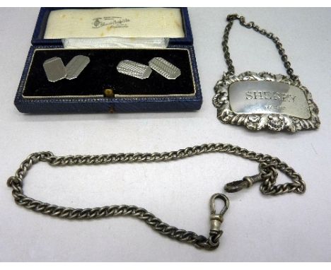 A silver Albert, a sherry label and a pair of silver cufflinks, boxed