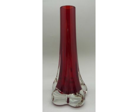 A 1970's Whitefriars lobed elephants foot vase in ruby red pattern no. 9728, from 1972 catalogue, height 18cm