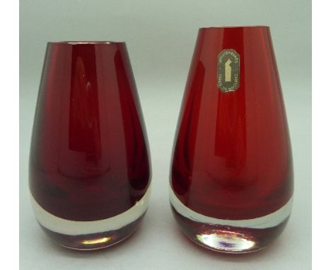 A Whitefriars ruby red vase, height 12.5cm and one other red vase