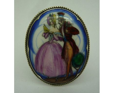 A silver and enamel picture brooch of a courting couple