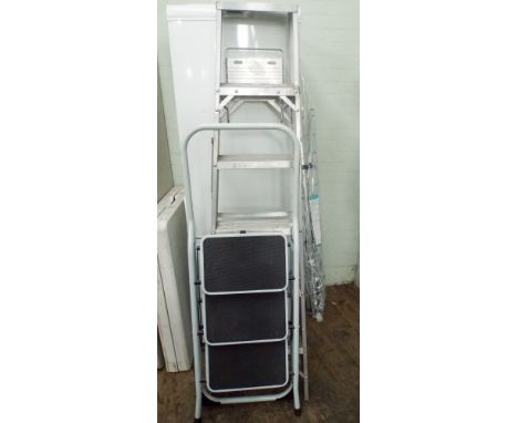 A set of aluminium folding step ladders and a small 3 rung set of folding step ladders 