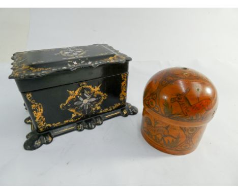 A Victorian paper mache  and black lacquer 2 division tea caddy with Mother of pearl inlay and a cylindrical box inside a box