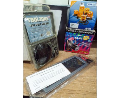 2 new glass wall lamps, rotating lamp, orange warning lamp, solar battery maintainer, 16 piece whole cutting kit etc.