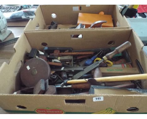 Two large boxes of woodworking hand tools etc including planes 