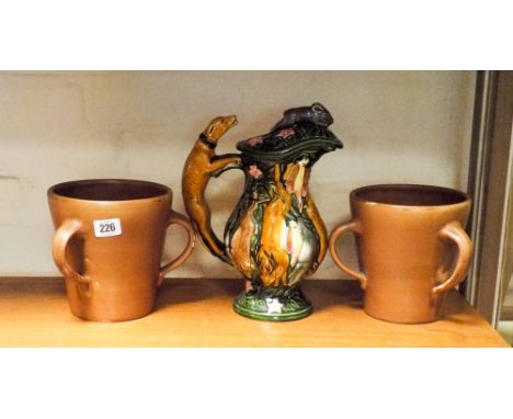 2 Branham ware Tygs and a Staffordshire style hunting jug 