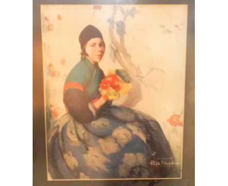 A framed coloured print of a Dutch girl with flowers after Ruth Wurchison and a Victorian gilt frame
