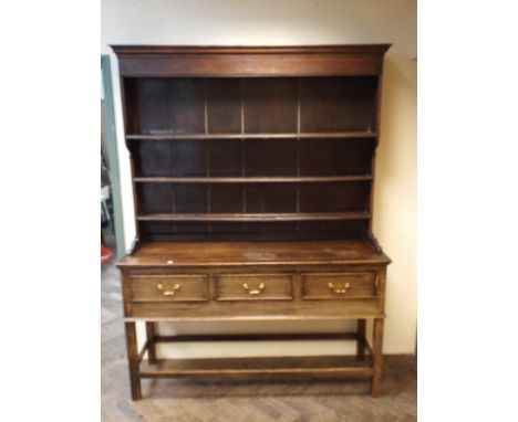 Early 20th century oak Welsh style dresser with shelf back, 3 drawers under and cross stretcher base 5'1 wide, 82" high      