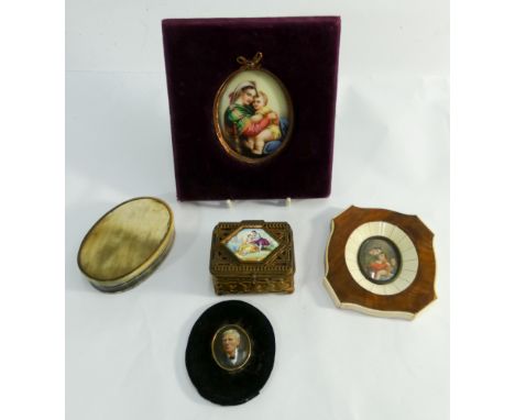 Collection of portrait miniatures, 2 depicting Madonna and child, gilt metal trinket box with enameled lid and a 19th Centaur