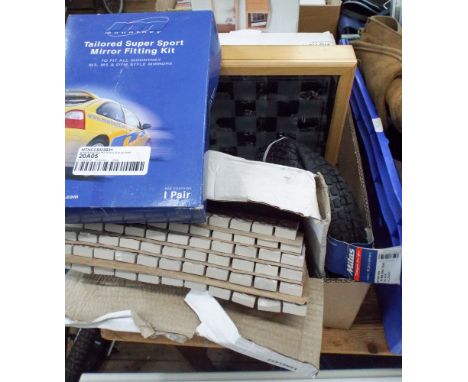 Quantity of small tiles, a glass chess set, mirror fitting kit, set of floating shelves and ceiling light shade etc.