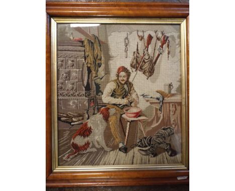 A pair of Victorian tapestry picture in maple frames approx 35cms x 31cms      No obvious flaws or damage, tapestries in good