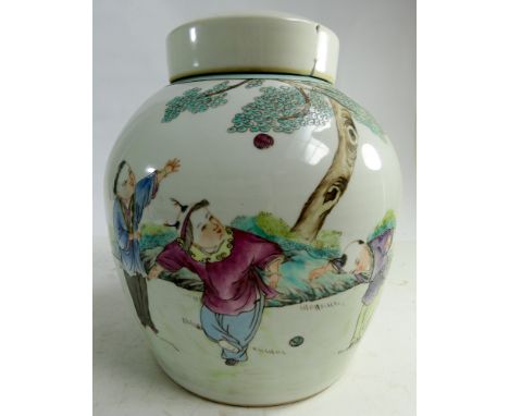 A large Chinese ginger jar with cover decorated with figures playing with ball approx 10" tall lid cracked      jar is in goo