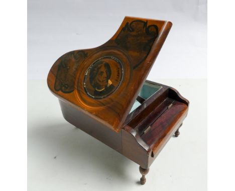 A vintage Sorrento ware grand piano style musical jewellery box, lid hand painted with portrait of Chopin