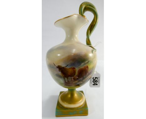 Royal Worcester blush ivory ewer, painted by Harry Stinton, decorated with highland cattle with snake twist handle, numbered 