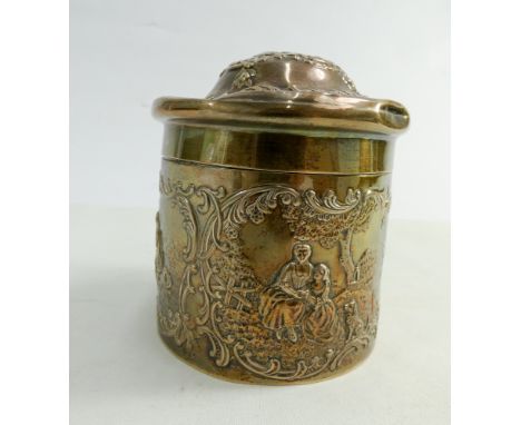 Edwardian silver cylindrical tea caddy London hallmarks 1901,makers mark WC.  Approx 6oz troy     Condition - lid has been co