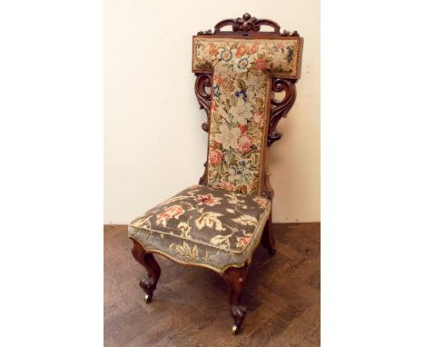 A Victorian rosewood framed occasional or pre-due chair standing on cabriole legs with tapestry upholstered back and seat 