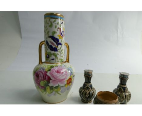 Royal Doulton stoneware 3 piece cruet set with hallmarked silver mounts and a Noritake hand painted twin handled vase      Co