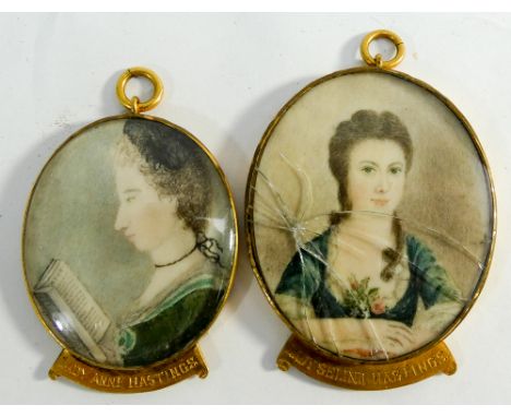 A pair of 19th Century oval portrait miniatures, Lady Anne Hastings and Lady Selena Hastings, largest 5cm long in gilt metal 