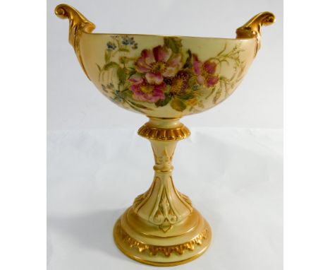 Royal Worcester blush ivory pedal stool comport painted with roses, height 20cm     No obvious sign of damage or restoration 