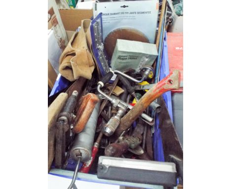 A large box of hand tools, saws, hinges, cutting blades, etc.