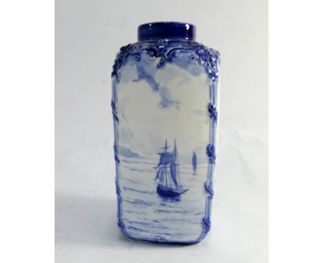 A Royal Crown Derby blue and white vase painted marine scenes possibly by WEJ Dean 16cms tall, numbered on the base 7404613